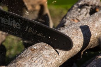 Close-up of a chainsaw cutting through a thick tree branch, with wood chips and sawdust flying in the air. The chainsaw blade is labeled 16 in / 40 cm.