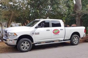 A white pickup truck with a company logo on the door is parked on the side of a road near trees. The truck is clean and appears to be in good condition.