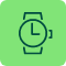A simple dark green outline of a wristwatch with clock hands, displayed on a bright green square background with rounded corners.