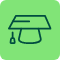 A simple dark green graduation cap icon with a tassel, set against a light green rounded square background.