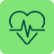 A green square icon with a dark green outline of a heart and an electrocardiogram line running through the center.