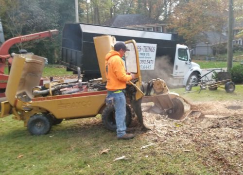 A worker in an orange hoodie operates a yellow tree stump grinder on a grassy lawn, with sawdust flying. A black and white tree service truck is parked in the background near trees and houses.