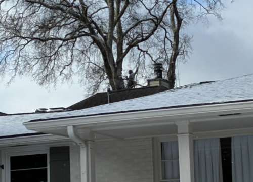 A bare tree towers above a snow-dusted roof of a white house. Two chimney sweeps stand on the roof near the chimney, surrounded by leafless branches against a partly cloudy sky.